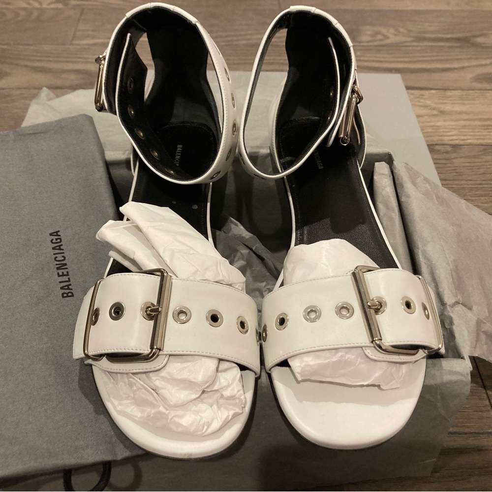 Balenciaga Flat Belted Leather Sandals - White/Nickel- Size EU 41
